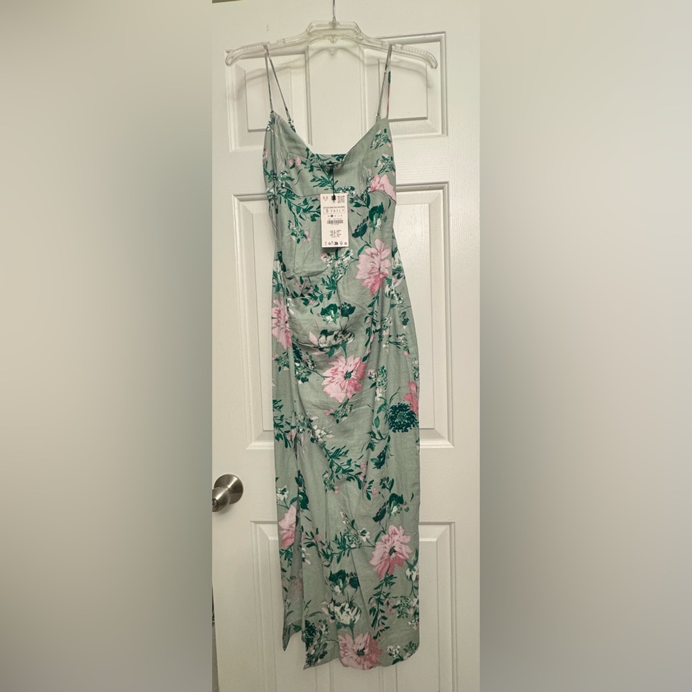 ZARA Floral Green and Pink Midi Dress with left leg slit